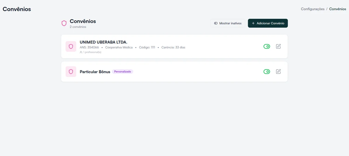 Screenshot do Convênios e TISS — Hit Clinic