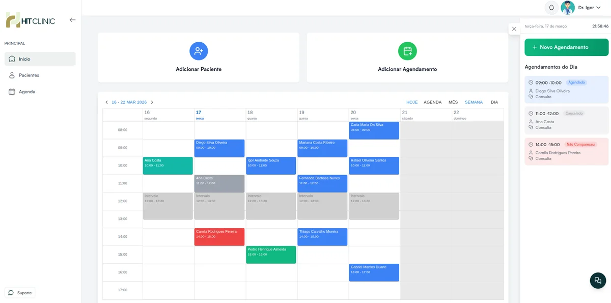 Painel do Hit Clinic — prontuário eletrônico com IA