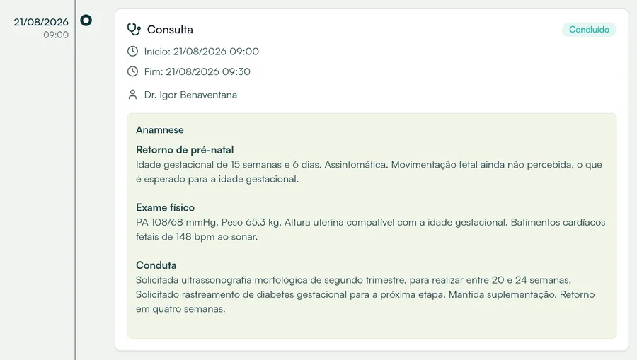 Histórico de atendimentos no Hit Clinic mostrando a consulta de pré-natal de 21 de agosto, com a anamnese dividida em retorno de pré-natal, com 15 semanas e 6 dias de gestação, exame físico e conduta