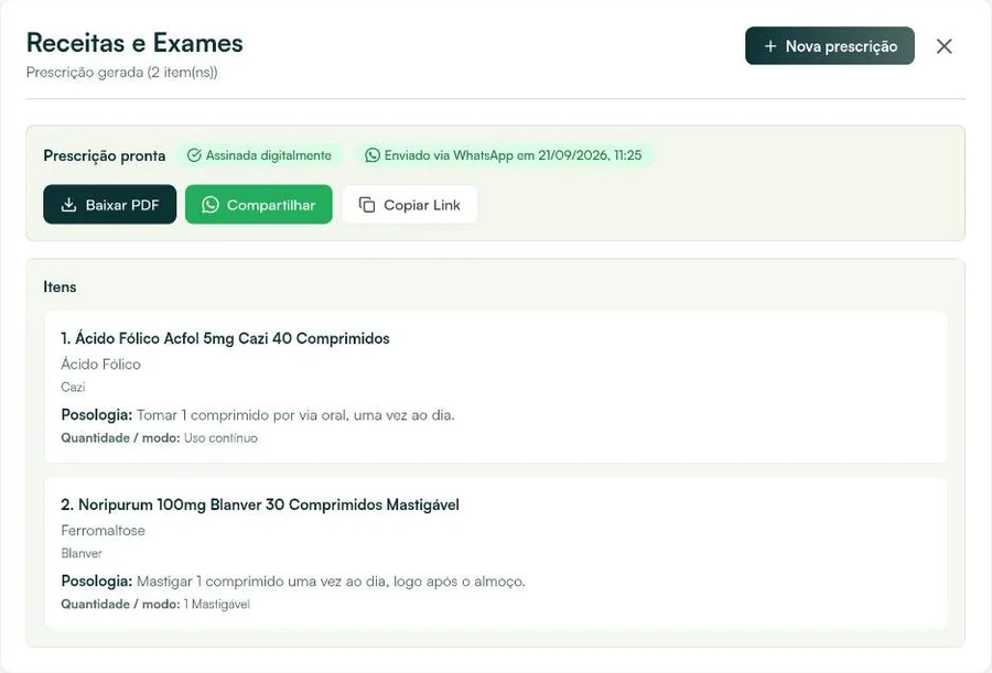Tela de Receitas e Exames no Hit Clinic com a prescrição de pré-natal da paciente fictícia pronta: ácido fólico 5 mg em uso contínuo e ferro mastigável após o almoço, marcada como assinada digitalmente e enviada pelo WhatsApp, com os botões Baixar PDF, Compartilhar e Copiar Link